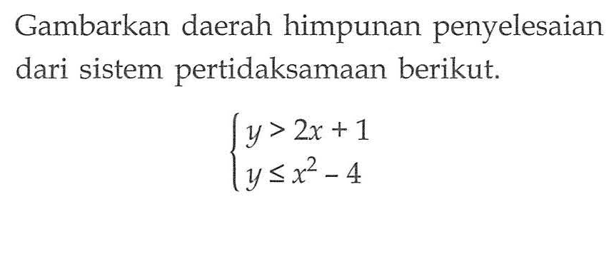 Gambarkan daerah himpunan penyelesaian dari sistem pertidaksamaan berikut. y>2x+1 y<=x^2-4