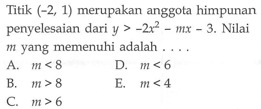 Titik (-2, 1) merupakan anggota himpunan penyelesaian dari y>-2x^2-mx-3. Nilai m yang memenuhi adalah ...