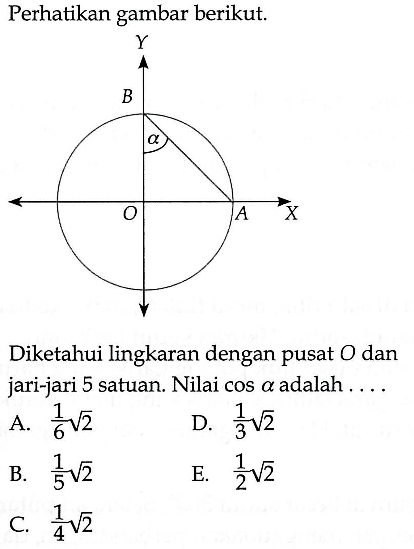 Perhatikan gambar berikut.Diketahui lingkaran dengan pusat O dan jari-jari 5 satuan. Nilai cos a adalah ....