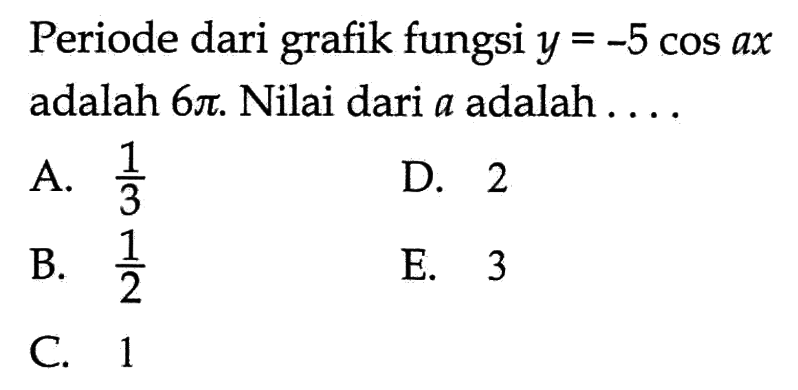 Periode dari grafik fungsi y = -5 cos ax adalah 6pi. Nilai dari a adalah .