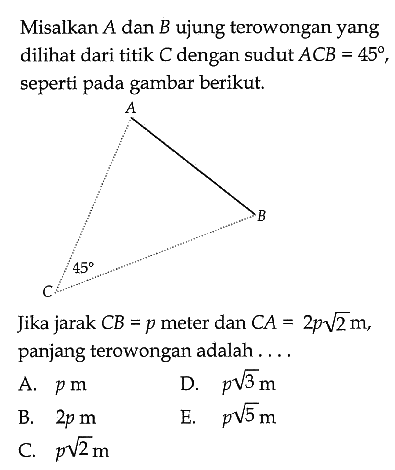 Misalkan A dan B ujung terowongan yang dilihat dari titik C dengan sudut ACB=45, seperti pada gambar berikut. Jika jarak CB=p meter dan CA=2p akar(2) m, panjang terowongan adalah ....