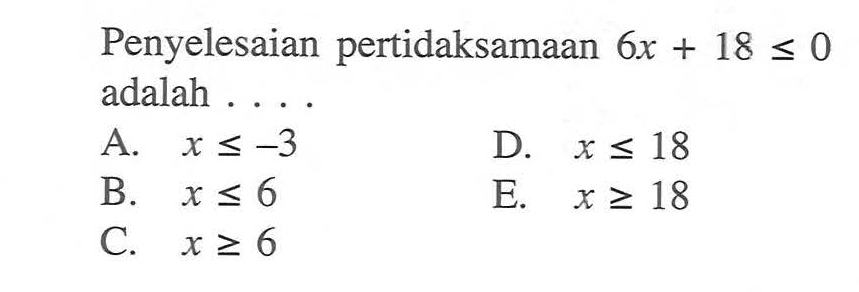 Penyelesaian pertidaksamaan 6x+18<=0 adalah ....