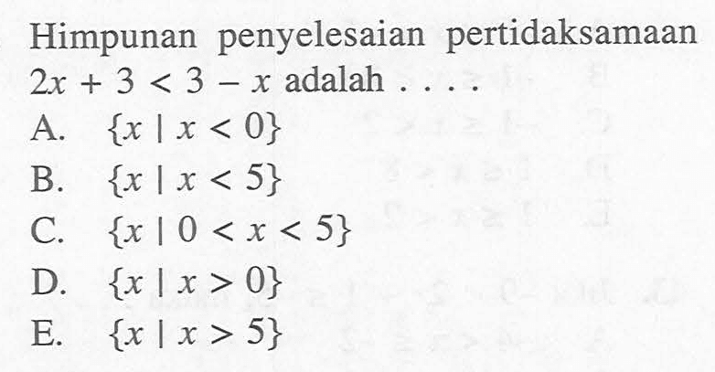 Himpunan penyelesaian pertidaksamaan 2x+3<3-X adalah ...