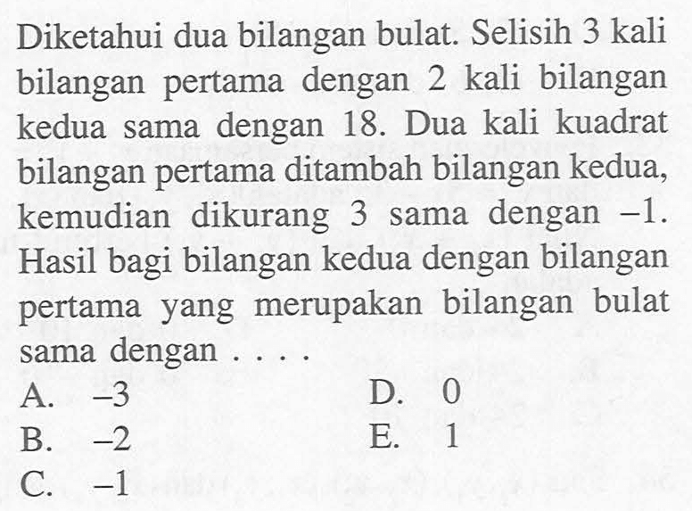 Diketahui dua bilangan bulat. Selisih 3 kali bilangan  pertama dengan 2 kali bilangan kedua sama dengan 18. Dua kali kuadrat bilangan pertama ditambah bilangan kedua, kemudian   dikurang 3 dengan sama -1. Hasil bagi bilangan kedua dengan bilangan pertama yang merupakan  bilangan bulat sama dengan ...