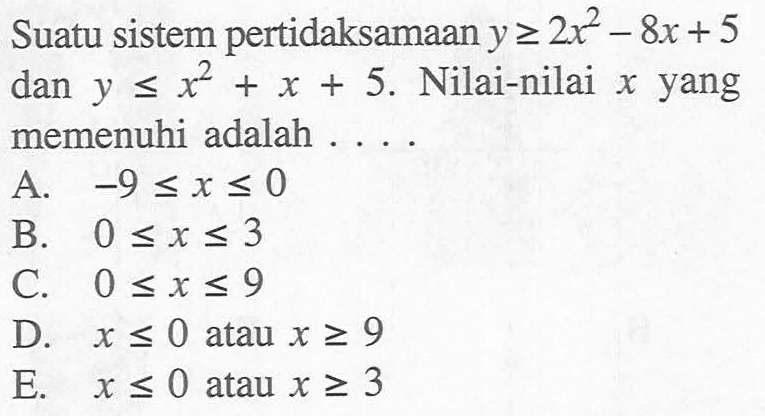 Suatu sistem pertidaksamaan y>=2x^2-8x+5 dan y<=x^2+x+5. Nilai-nilai x yang memenuhi adalah ...