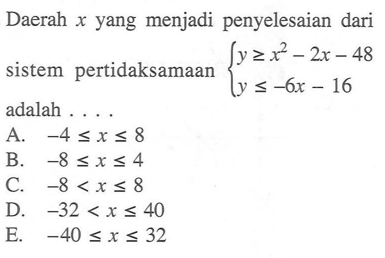 Daerah x yang menjadi penyelesaian dari y>=x^2-2x-48 y<=-6x-16 adalah . . . .