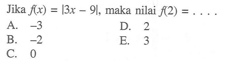 Jika f(x)=|3x-9|, maka nilai f(2)= ....