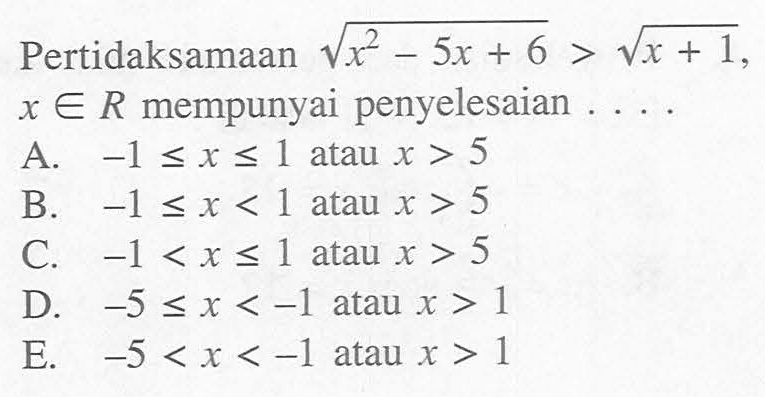 Pertidaksamaan akar(x^2-5x+6)>akar(x+1) x e R mempunyai penyelesaian . . . .