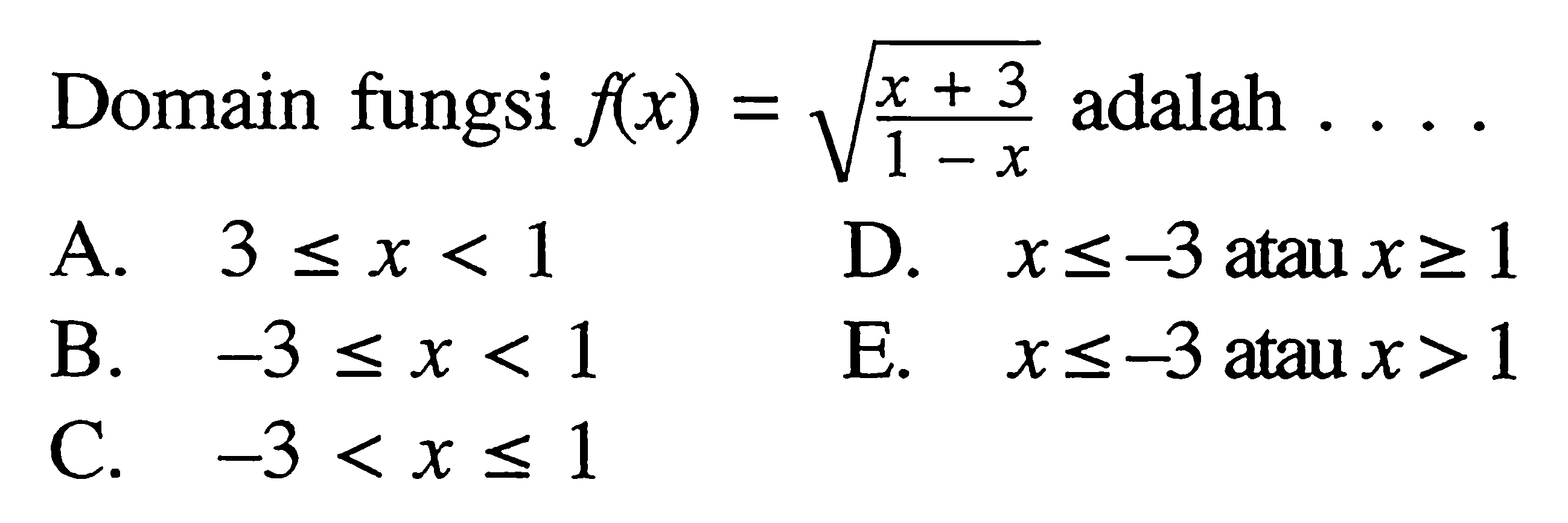Domain fungsi f(x) = akar((x+3)/(1-x)) adalah 
