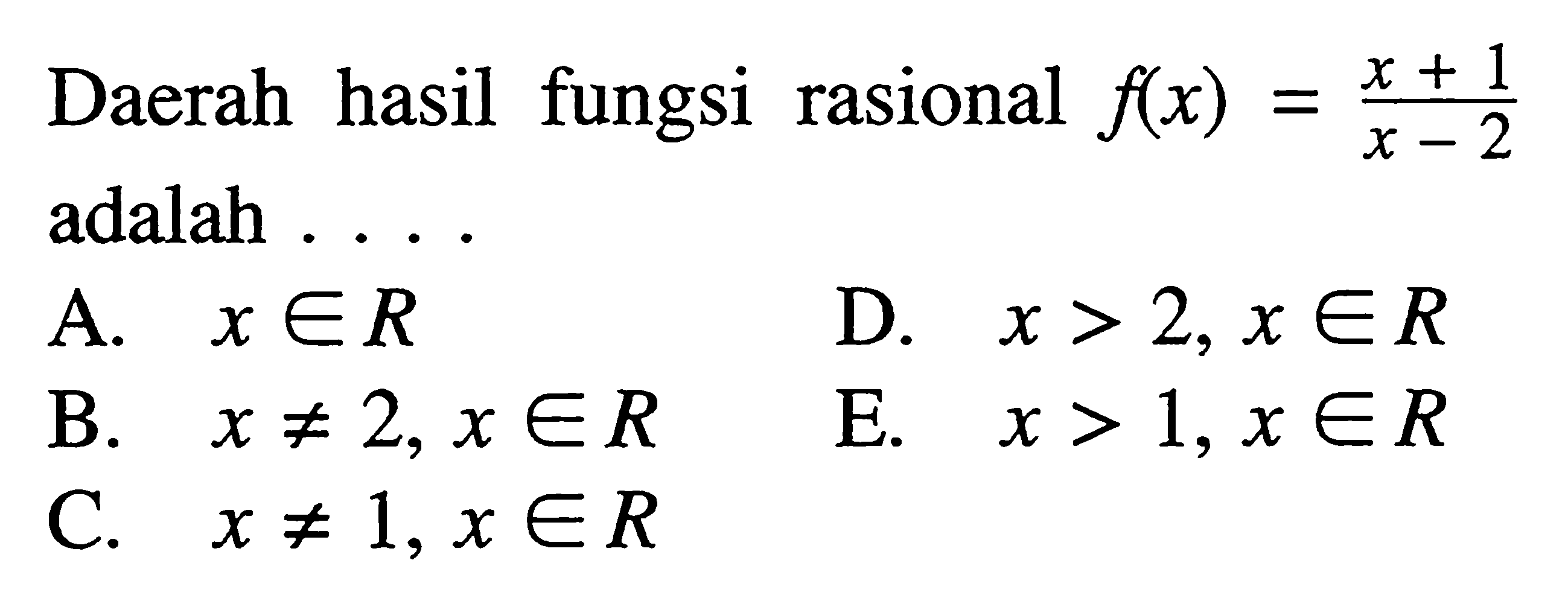 Daerah hasil fungsi rasional f(x)=(x+1)/(x-2) adalah ....