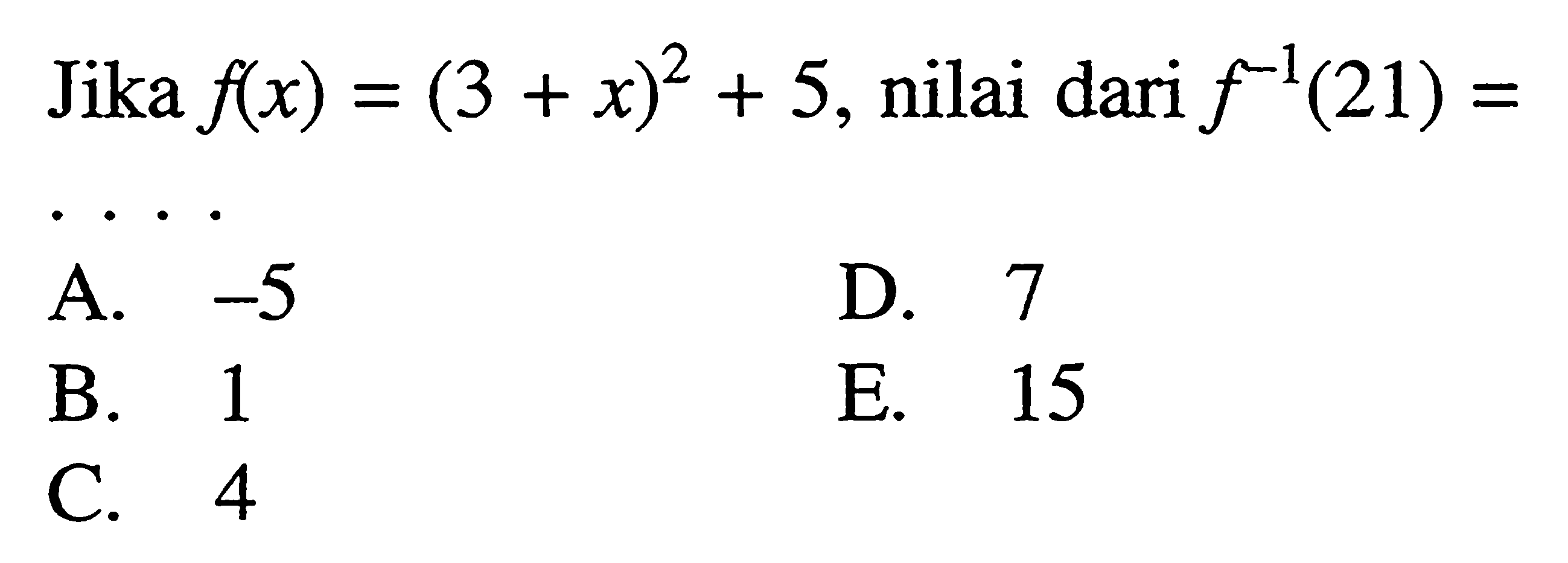 Jika f(x)=(3+x)^2+5, nilai dari f^(-1)(21)= ....