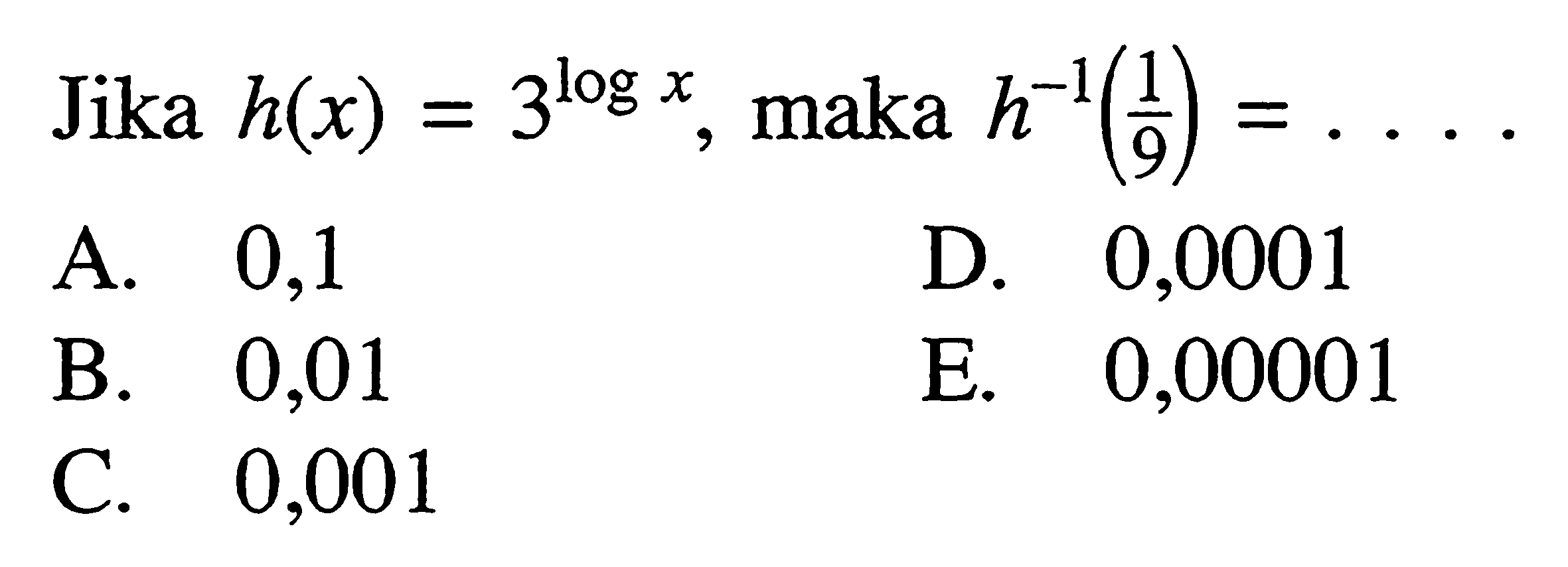 Jika h(x)=3^logx, maka h^-1(1/9)=... 