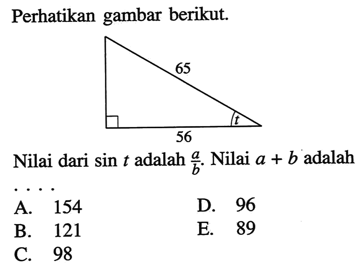 Perhatikan gambar berikut.Nilai dari  sin t  adalah  a/b . Nilai  a+b  adalah