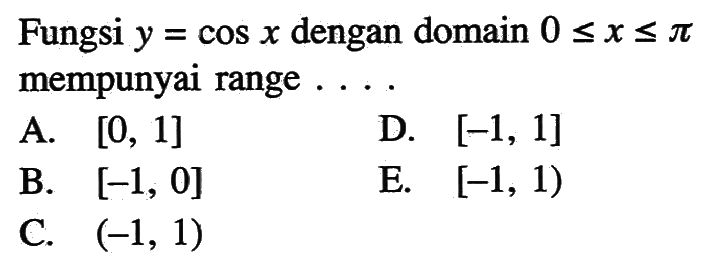 Fungsi y=cos x dengan domain 0<=x<=pi mempunyai range ... .