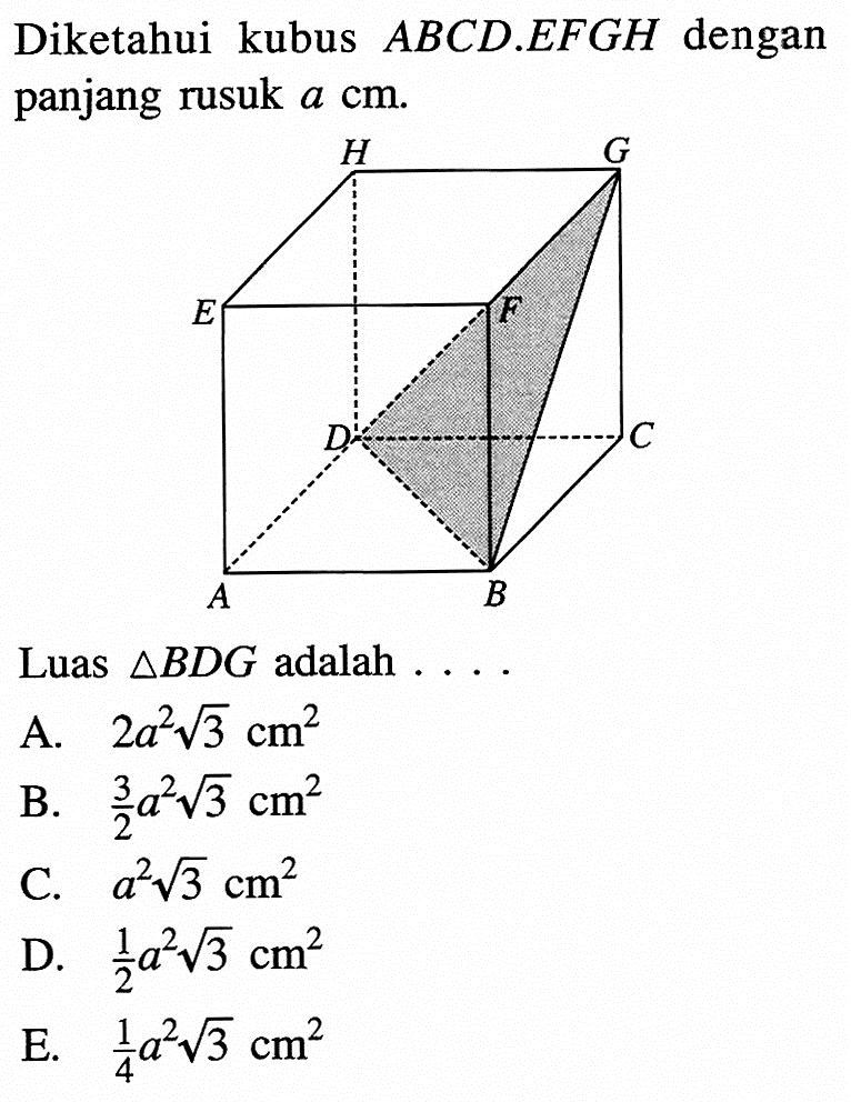 Diketahui kubus ABCD.EFGH dengan panjang rusuk a cm. H E A B Luas segitiga BDG adalah....