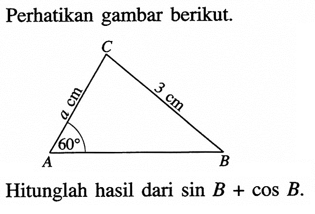 Perhatikan gambar berikut. C a cm 3 cm A 60 BHitunglah hasil dari sin B+cos B.