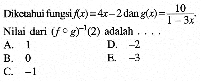 Diketahui fungsi f(x)=4 x-2 dan g(x)=10/1-3 x . Nilai dari (f o g)^-1(2) adalah ...