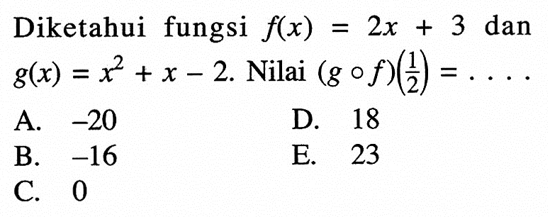 Diketahui fungsi f(x)=2x+3 dan g(x)=x^2+x-2. Nilai (g o f)(1/2)=....