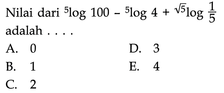 Nilai dari 5log100-5log4+akar(5) log1/5 adalah ...