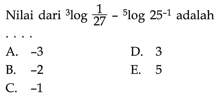 Nilai dari 3log1/27-5log(25)^-1 adalah ....