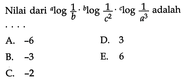 Nilai dari alog(1/b).blog(1/c^2).clog(1/a^3) adalah ....