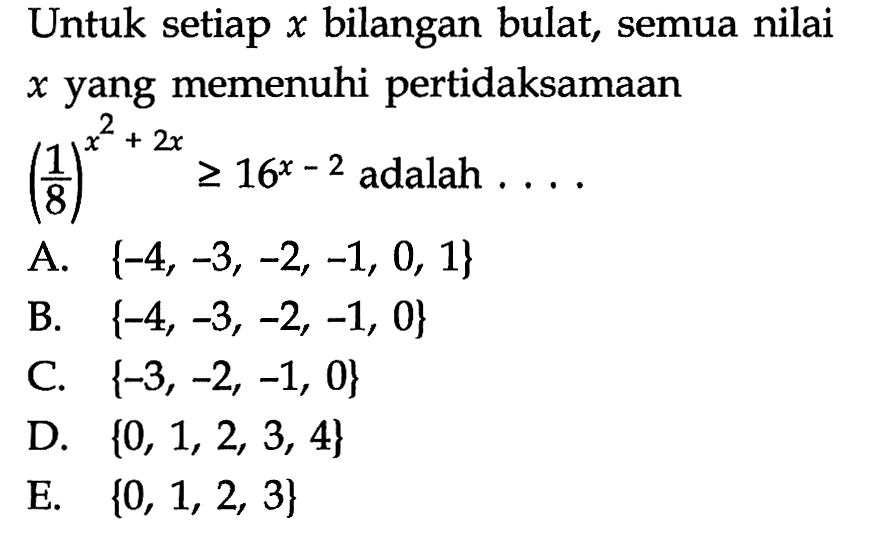 Untuk setiap x bilangan bulat, semua nilai x yang memenuhi pertidaksamaan (1/8)^(x^2+2x)>=16^(x-2) adalah . . . .