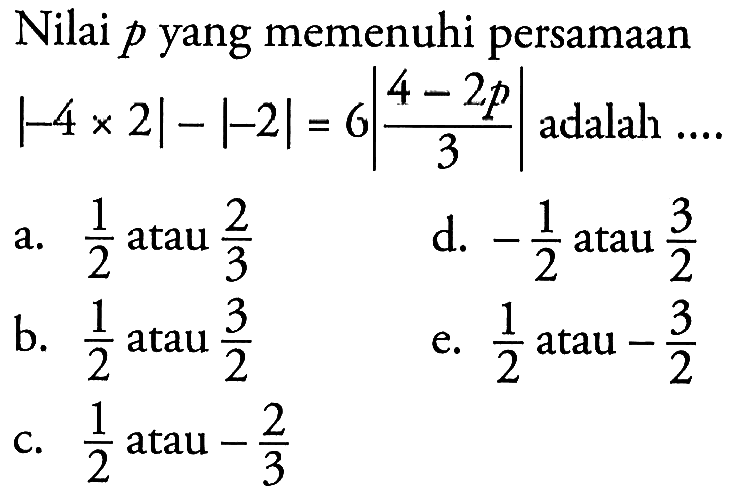 Nilai p yang memenuhi persamaan |-4x2|-|-2|=6|(4-2p)/3| adalah ...