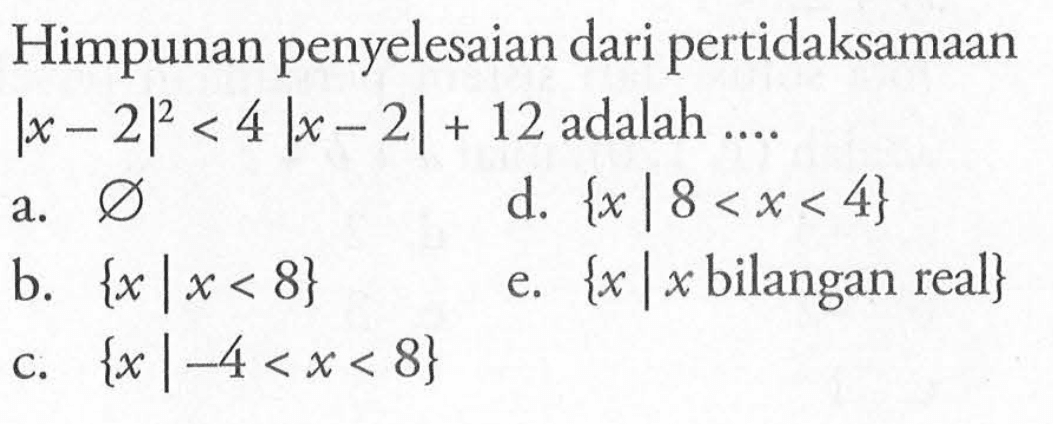 Himpunan penyelesaian dari pertidaksamaan |x-2|^2<4|x-2|+12 adalah ....