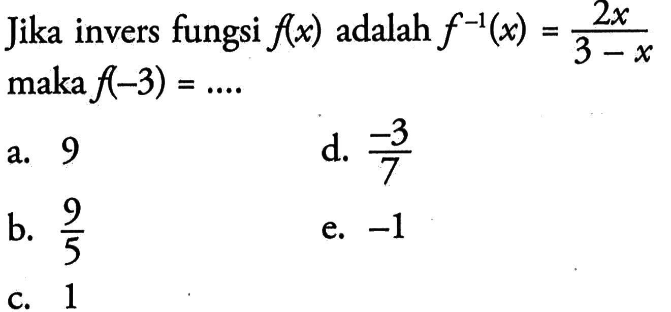 Jika invers fungsi f(x) adalah f^(-1)(x)=(2x)/(3-x) maka f(-3)=.... 