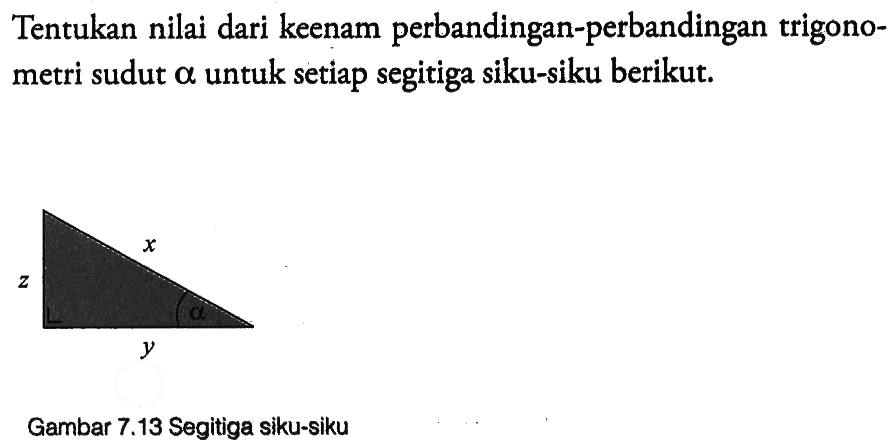 Tentukan nilai dari keenam perbandingan-perbandingan trigonometri sudut alpha untuk setiap segitiga siku-siku berikut. x y z Gambar 7.13 Segitiga siku-siku