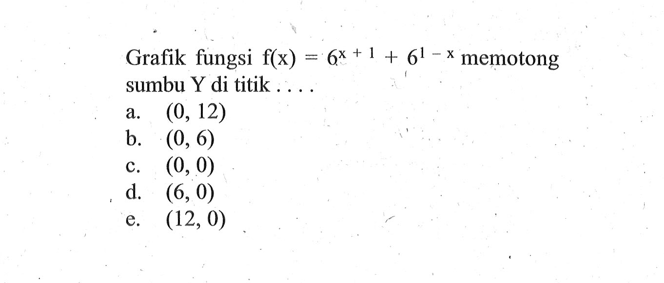 Grafik fungsi f(x)=6^(x+1)+6^(1-x) memotong sumbu Y di titik ...