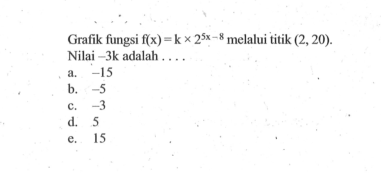 Grafik fungsi f(x)=k x 2^(5x-8) melalui titik (2,20). Nilai -3k adalah . . . .