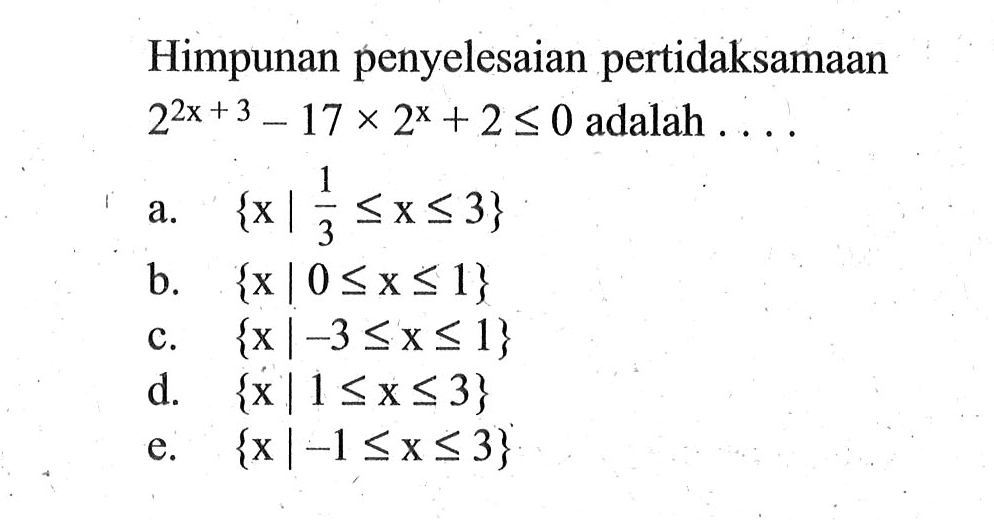 Himpunan penyelesaian pertidaksamaan 2^(2x+3)-17x2^x+2<=0 adalah . . . .