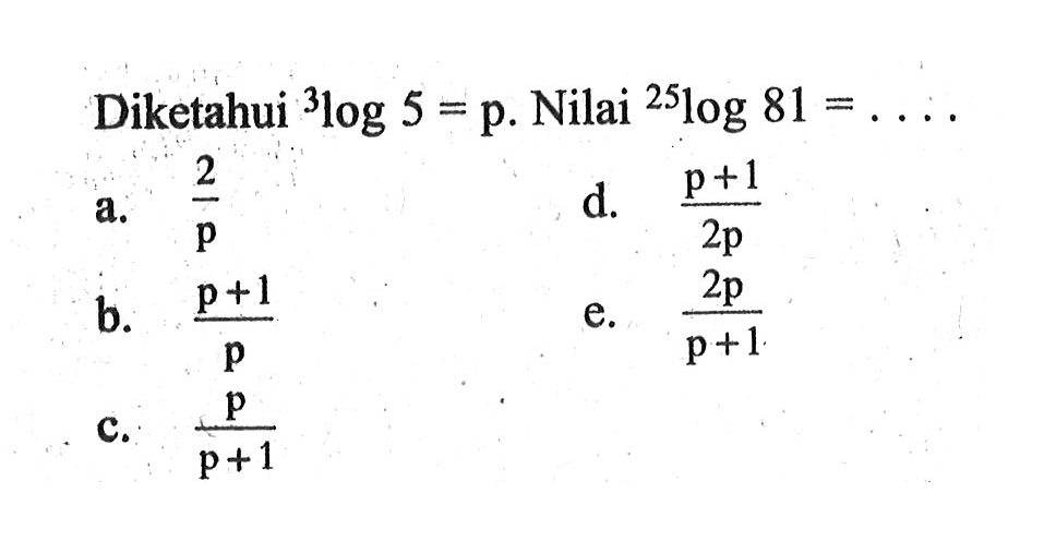 Diketahui 3log5=p. Nilai 25log81=. . . .