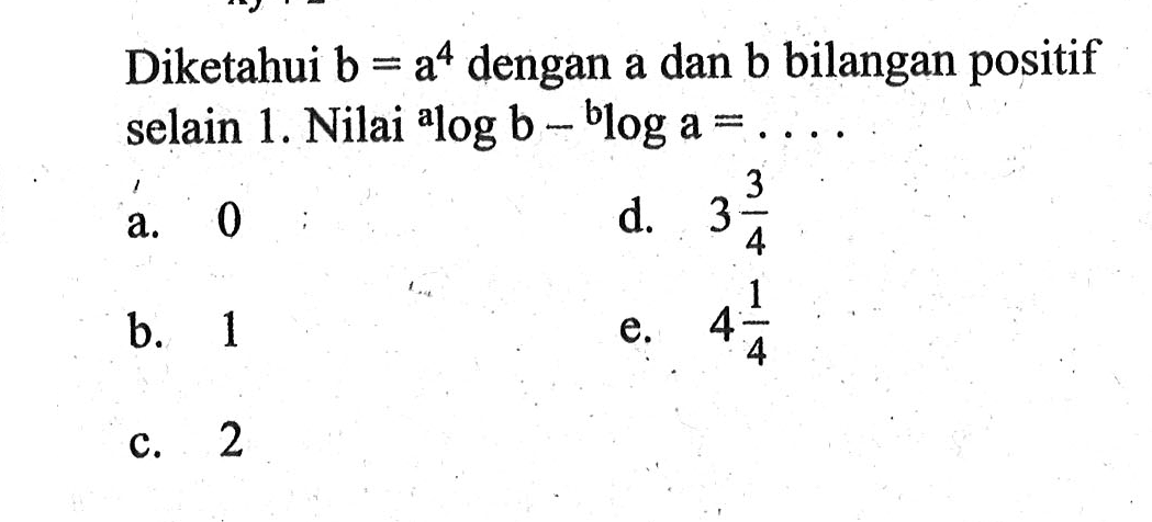 Diketahui b = a4 dengan a dan b bilangan positif selain 1. Nilai alog-b blog