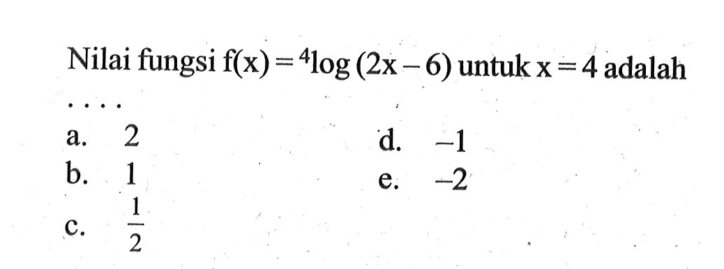 Nilai fungsi f(x)=4log(2x-6) untuk x=4 adalah ....