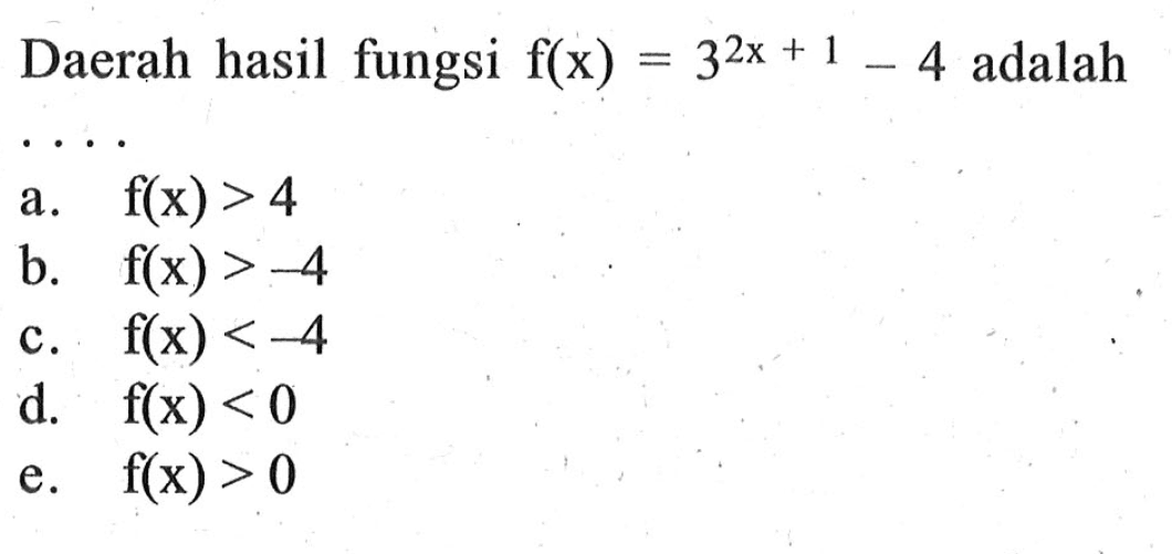 Daerah hasil fungsi f(x)=3^(2x+1)-4 adalah ...