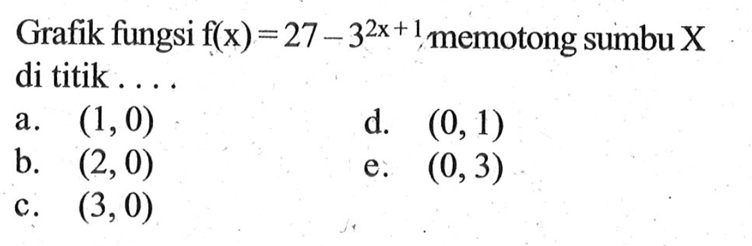 Grafik fungsi f(x)=27-3^(2x+1) memotong sumbu X di titik ....