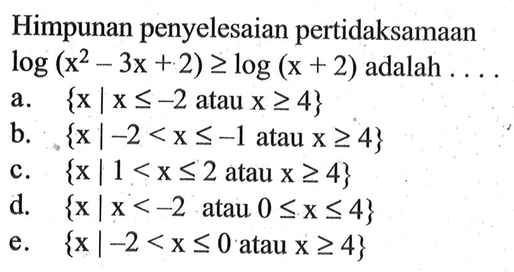 Himpunan penyelesaian pertidaksamaan log(x^2-3x+2)>=log(x+2) adalah . . . .