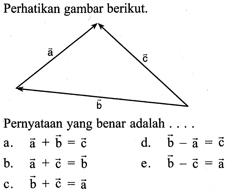 Perhatikan gambar berikut.Pernyataan yang benar adalah ....a.   a+b=c d.   b-a=c b.   a+c=b e.  b-c=a c.   b+c=a 