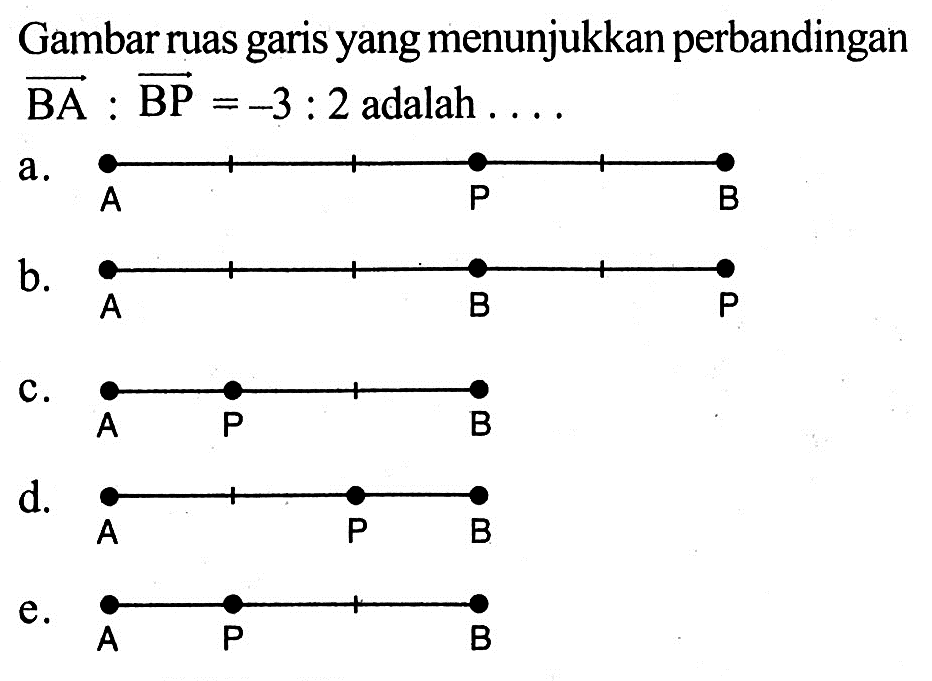 Gambar ruas garis yang menunjukkan perbandingan BA:BP=-3:2 adalah ...