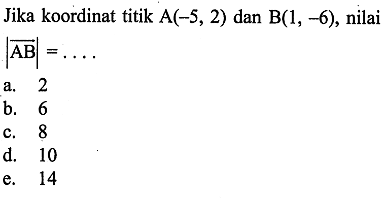 Jika koordinat titik A(-5,2) dan B(1,-6), nilai |AB|=...