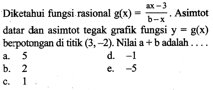 Diketahui fungsi rasional g(x)=(a x-3)/(b-x). Asimtot datar dan asimtot tegak grafik fungsi y=g(x) berpotongan di titik (3,-2). Nilai a+b adalah ...