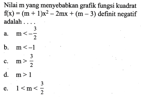 Nilai m yang menyebabkan grafik fungsi kuadrat f(x)=(m+1)x^2-2mx+(m-3) definit negatif adalah ....