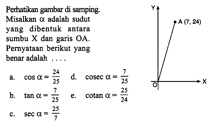 Perikan gambar di samping. Misalkan alpha adalah sudut yang dibentuk antara sumbu X dan garis OA. Pernyataan berikut yang benar adalah ... A(7,24)