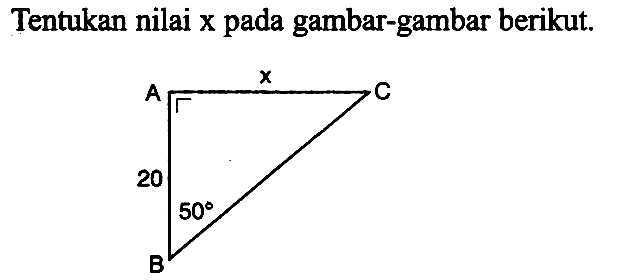 Tentukan nilai x pada gambar-gambar berikut. A x C 20 50 B