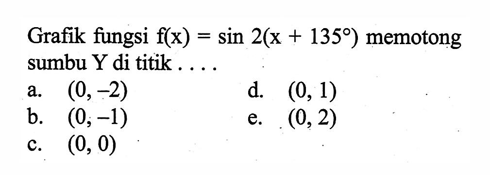 Grafik fungsi f(x)=sin 2(x+135) memotong sumbuY di titik ...