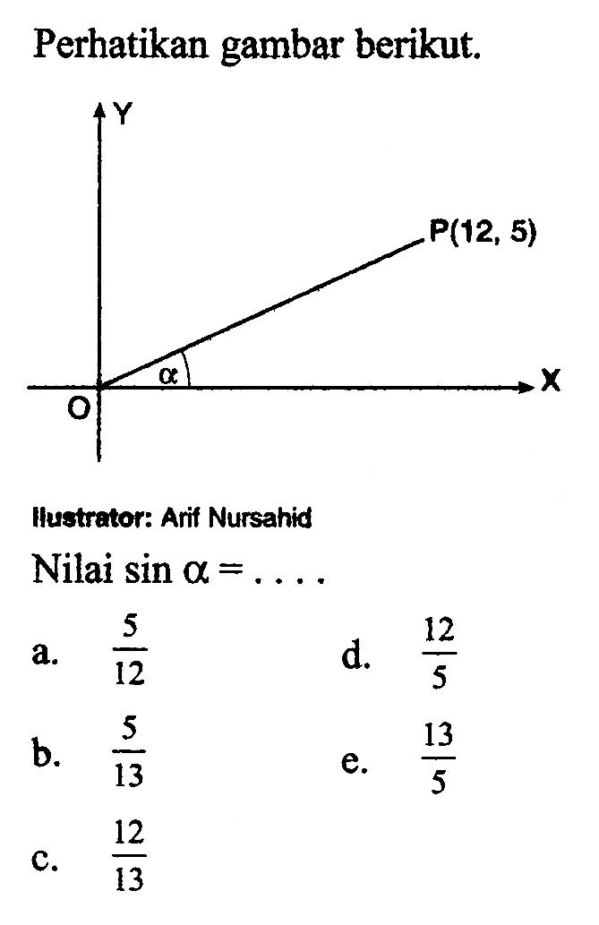 Perhatikan gambar berikut. P(12,5).Ilustrator: Arif Nursahid Nilai  sin a =.... a.  5/12 d.  12/5 b.  5/13 e.  13/5 c.  12/13 