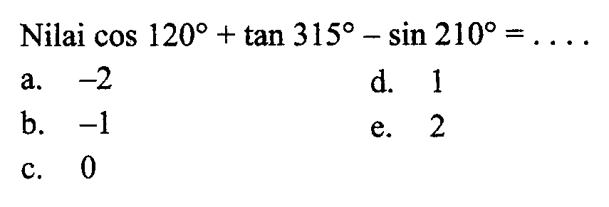 Nilai cos 120+tan 315-sin 210=.... 