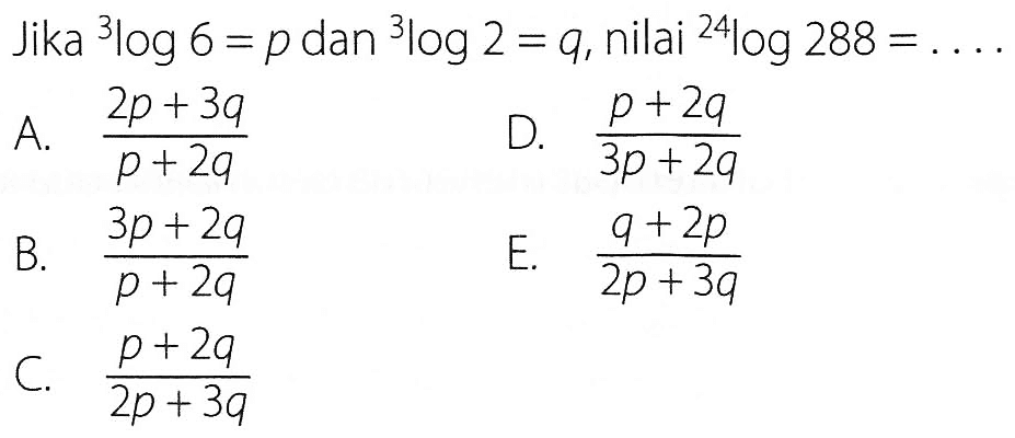 Jika 3log6=p dan 3log2=q, nilai 24log288=....